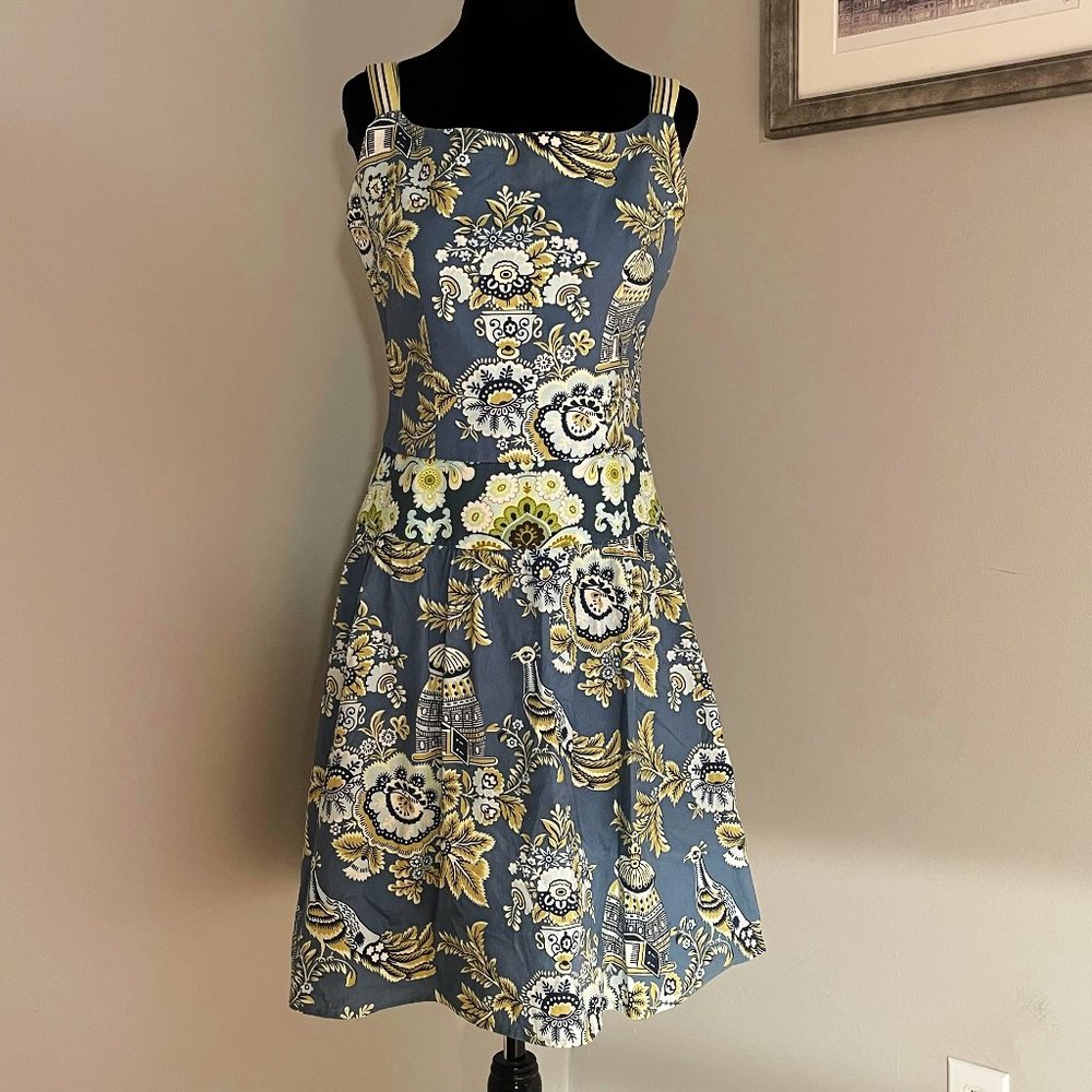 Terra Cotta Clothing cotton sundress, blue green with peacocks, size M